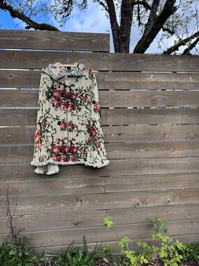Silk Velvet Floral Ruffle Beaded Cape in Cream and Red Floral